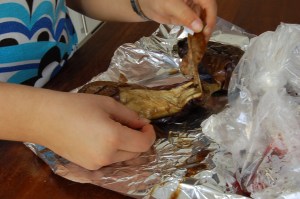 Cooled aubergine, take off the skin Cooled aubergine, take off the skin